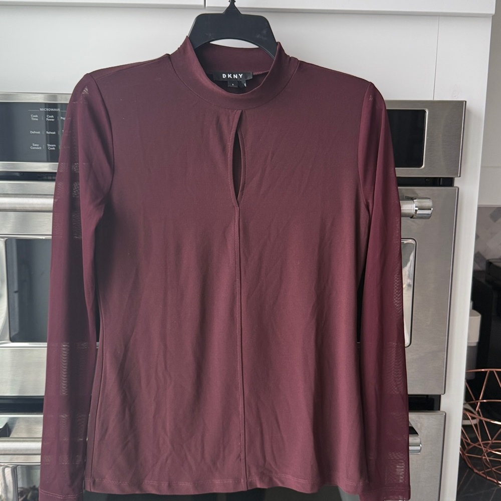 DKNY Burgundy Long Sleeve Women's Top,small cutout,sheer long sleeves Size Small